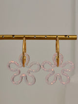 Grandes Boucles Fleurs Ajourées en Résine – Paillettes roses holographiques