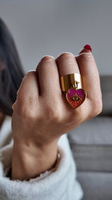 Bague ajustable cœur œil – rose & vert