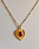 Collier cœur style ex-voto doré & agate rouge – acier inoxydable