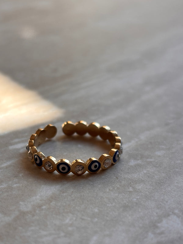 Bague Œil grec avec strass - Ajustable en acier Inoxydable