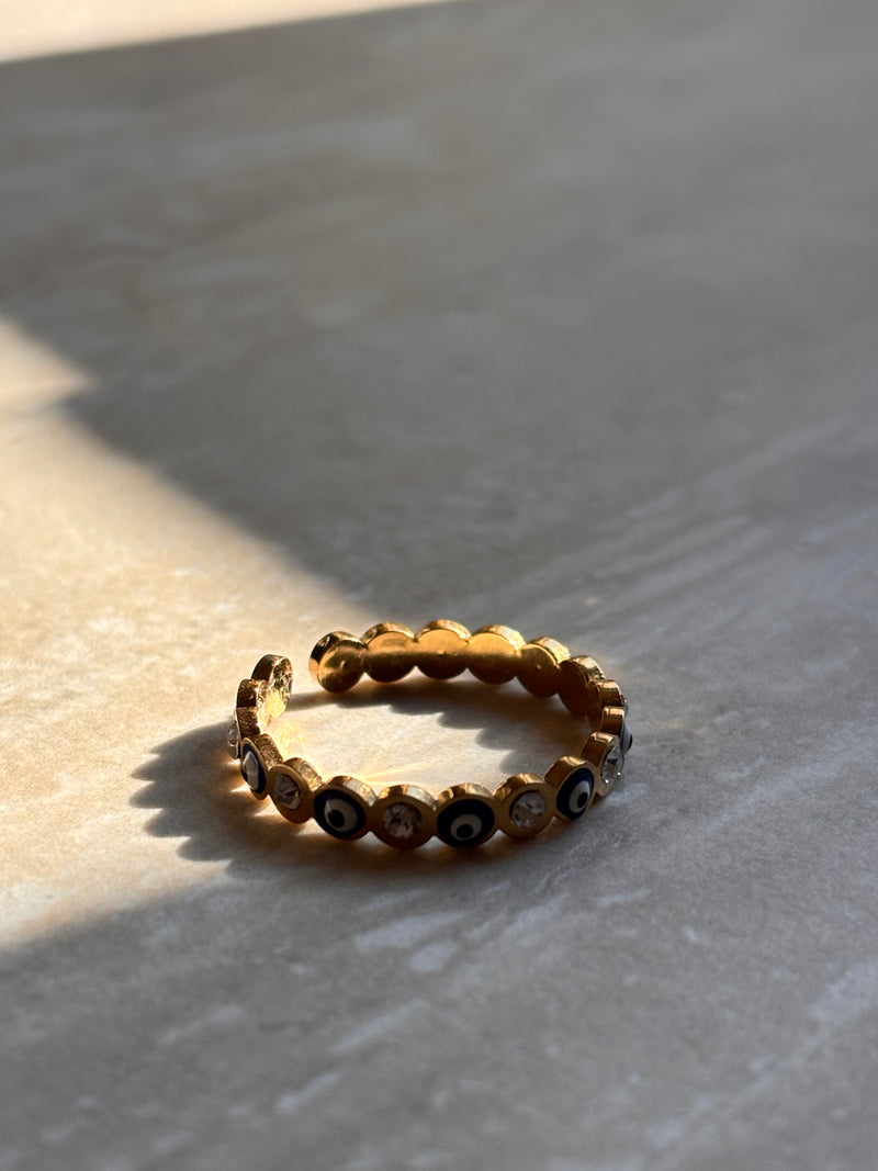 Bague Œil grec avec strass - Ajustable en acier Inoxydable