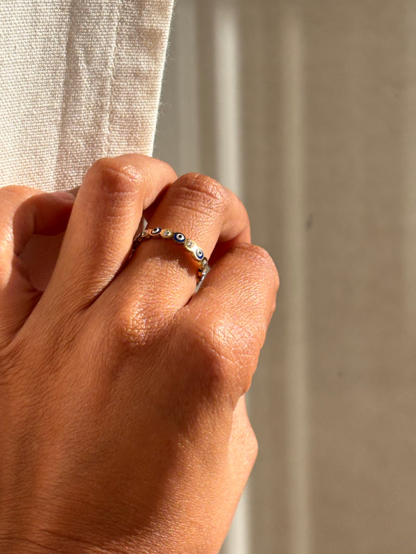 Bague Œil grec avec strass - Ajustable en acier Inoxydable