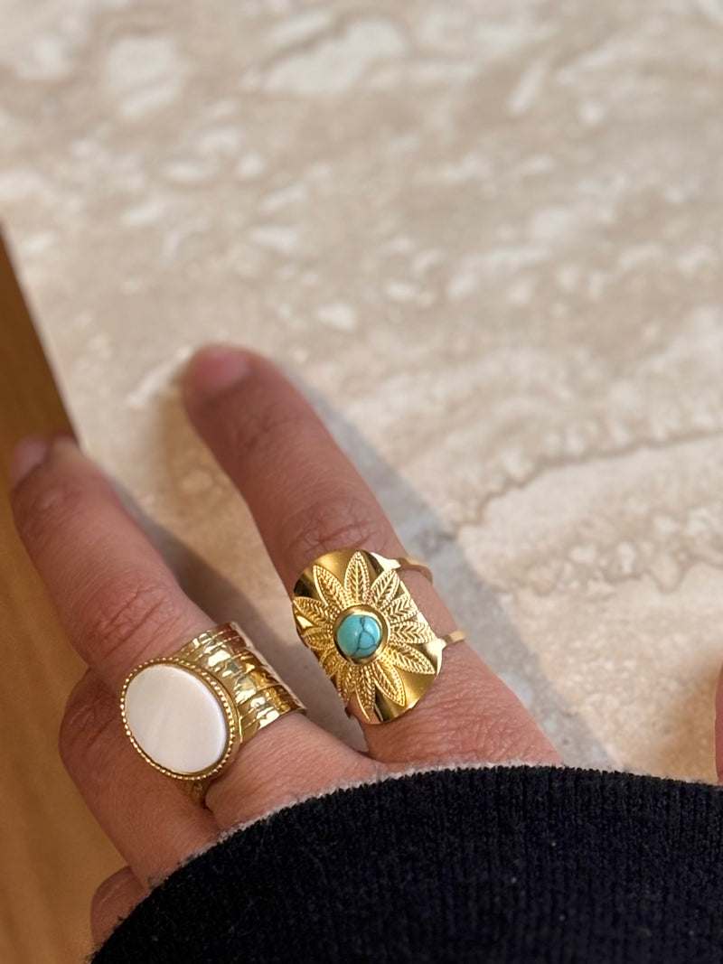 Bague Fleur Turquoise- Ajustable en acier Inoxydable