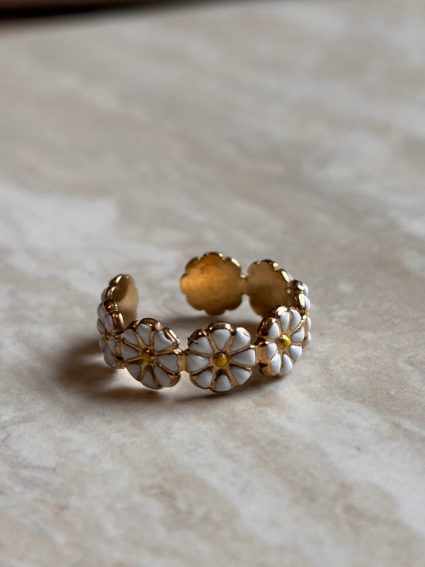 Bague Marguerite blanche - Ajustable en acier Inoxydable