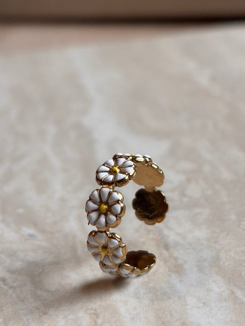 Bague Marguerite blanche - Ajustable en acier Inoxydable