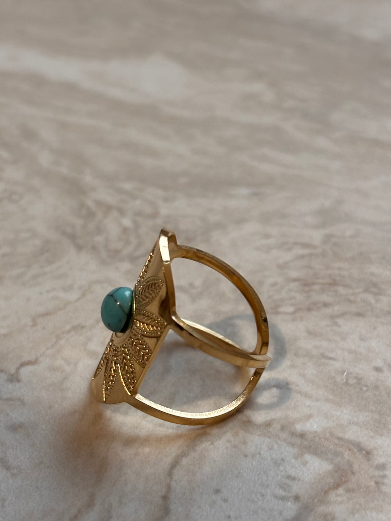 Bague Fleur Turquoise- Ajustable en acier Inoxydable
